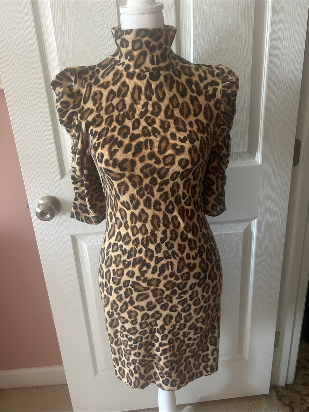 INC  Leopard Print Mock Neck Sweater Dress - Tan, Brown & Black